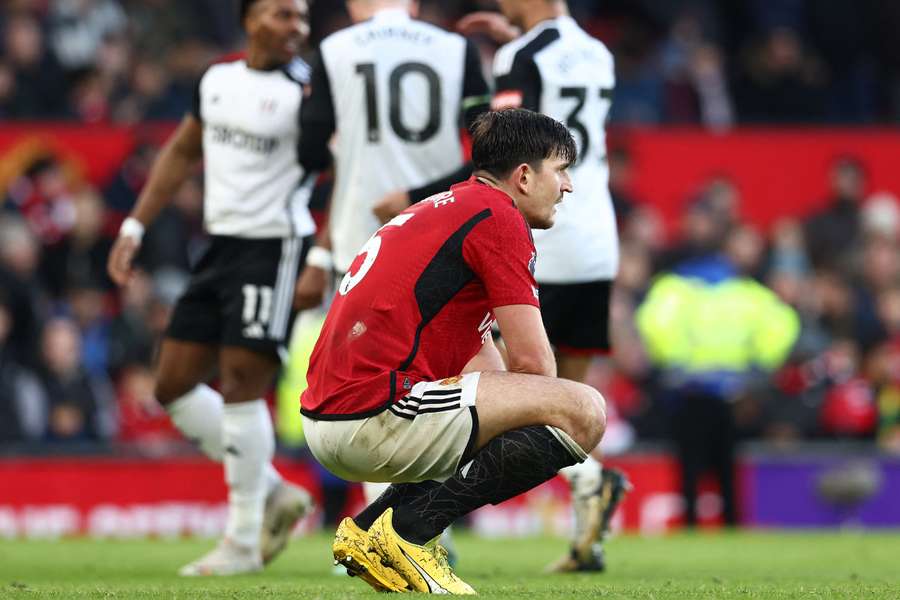 Harry Maguire reacts during the English Premier League football match between Manchester United and Fulham