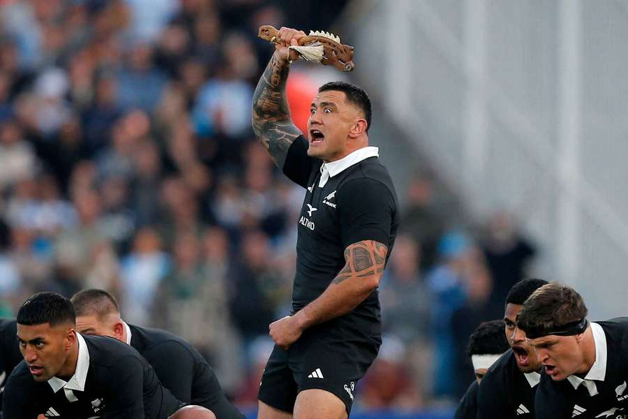 Codie Taylor leads the All Blacks haka against Argentina last weekend.