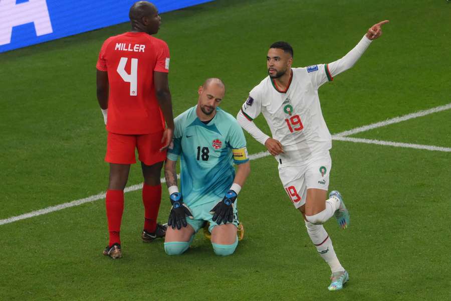 Youssef En-Nesyri célèbre son but face au Canada lors du Mondial 2022, le 1er décembre à Doha. Youssef En-Nesyri célèbre son but face au Canada lors du Mondial 2022, le 1er décembre à Doha.