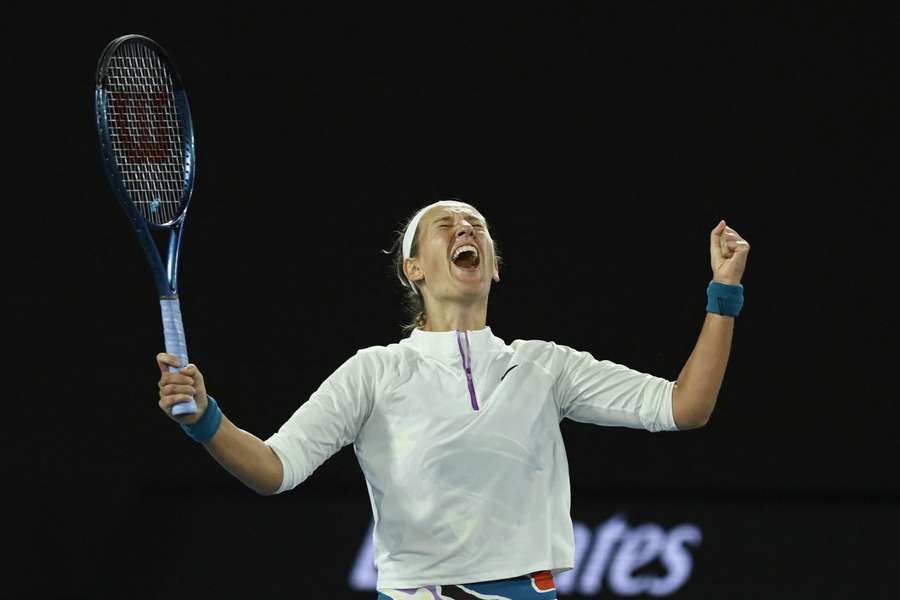 Belarus' Victoria Azarenka celebrates winning her fourth round match