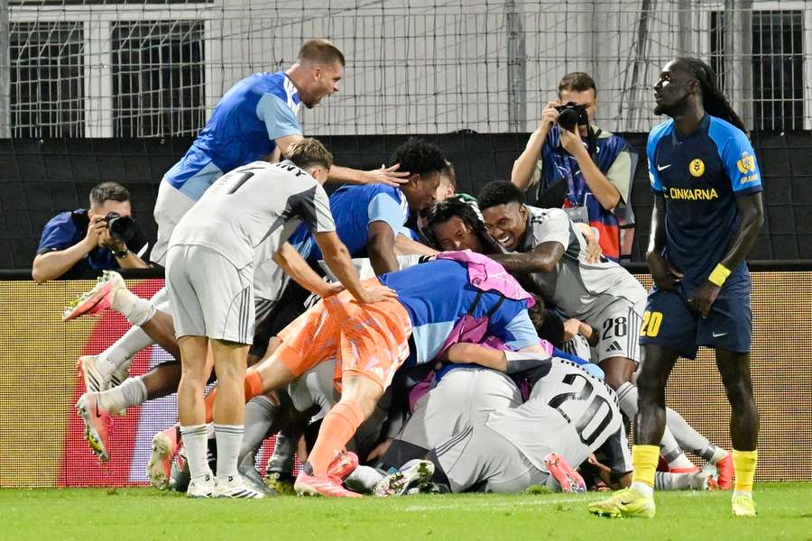 Slovan Bratislava celebrate their winning goal Slovan Bratislava celebrate their winning goal