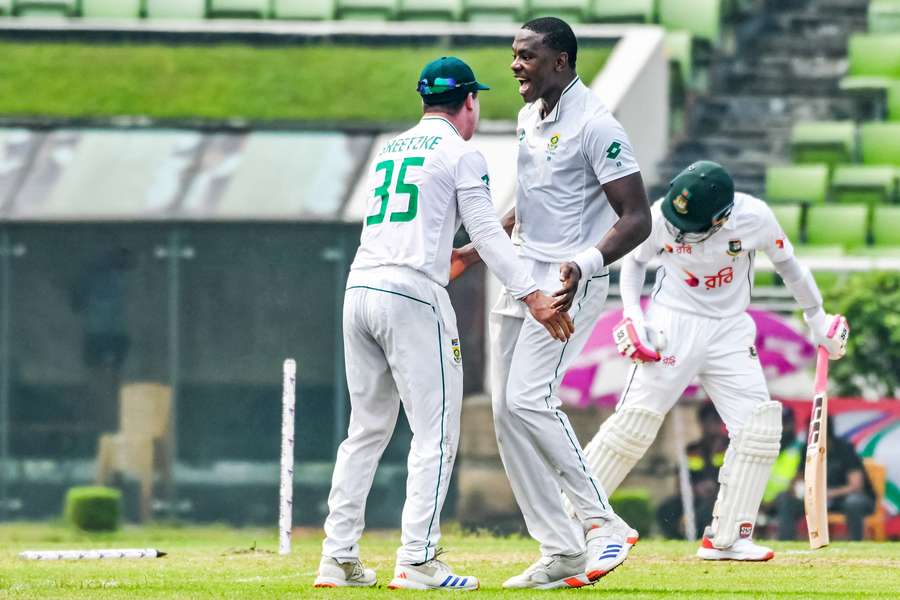 Rabada celebrates his 300th Test wicket with team-mates