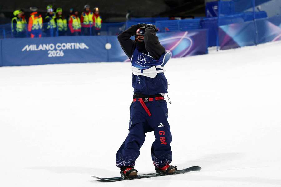 Mia Brookes reacts after her third run of the women's snowboard big air final