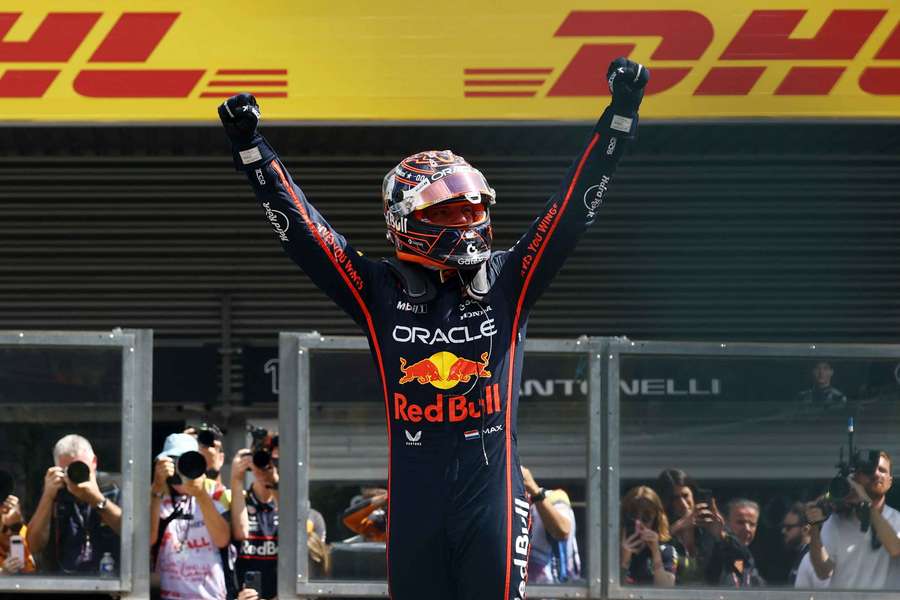 Red Bull's Max Verstappen celebrates winning the sprint race Red Bull's Max Verstappen celebrates winning the sprint race
