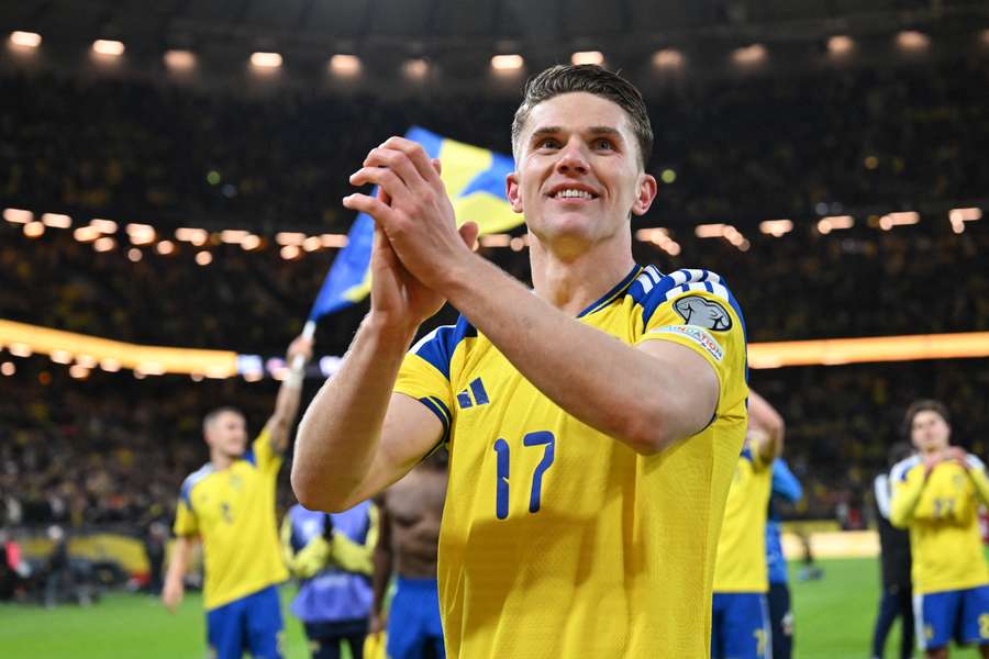 Viktor Gyokeres celebrates after winning 3:2 the FIFA World Cup 2026 European qualification final