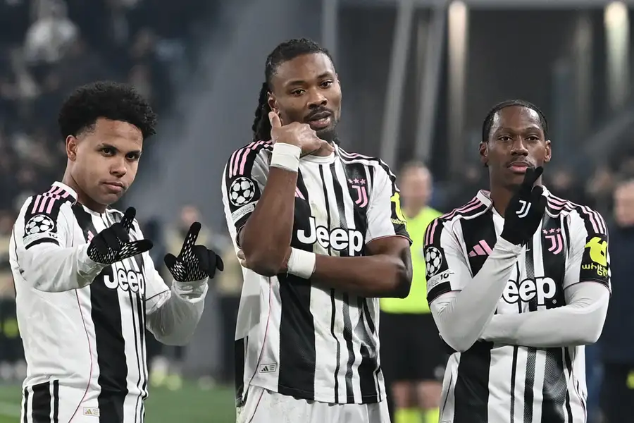 Khephren Thuram, centre, celebrates Juventus' first goal of the night