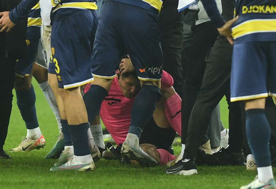 Halil Umut Meler lies on the ground at the end the match between MKE Ankaragucu and Caykur Rizespor