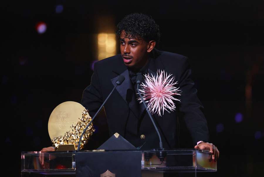 Barcelona's Lamine Yamal makes a speech after winning the Young Talent of the Year trophy at the Ballon d'Or ceremony Barcelona's Lamine Yamal makes a speech after winning the Young Talent of the Year trophy at the Ballon d'Or ceremony