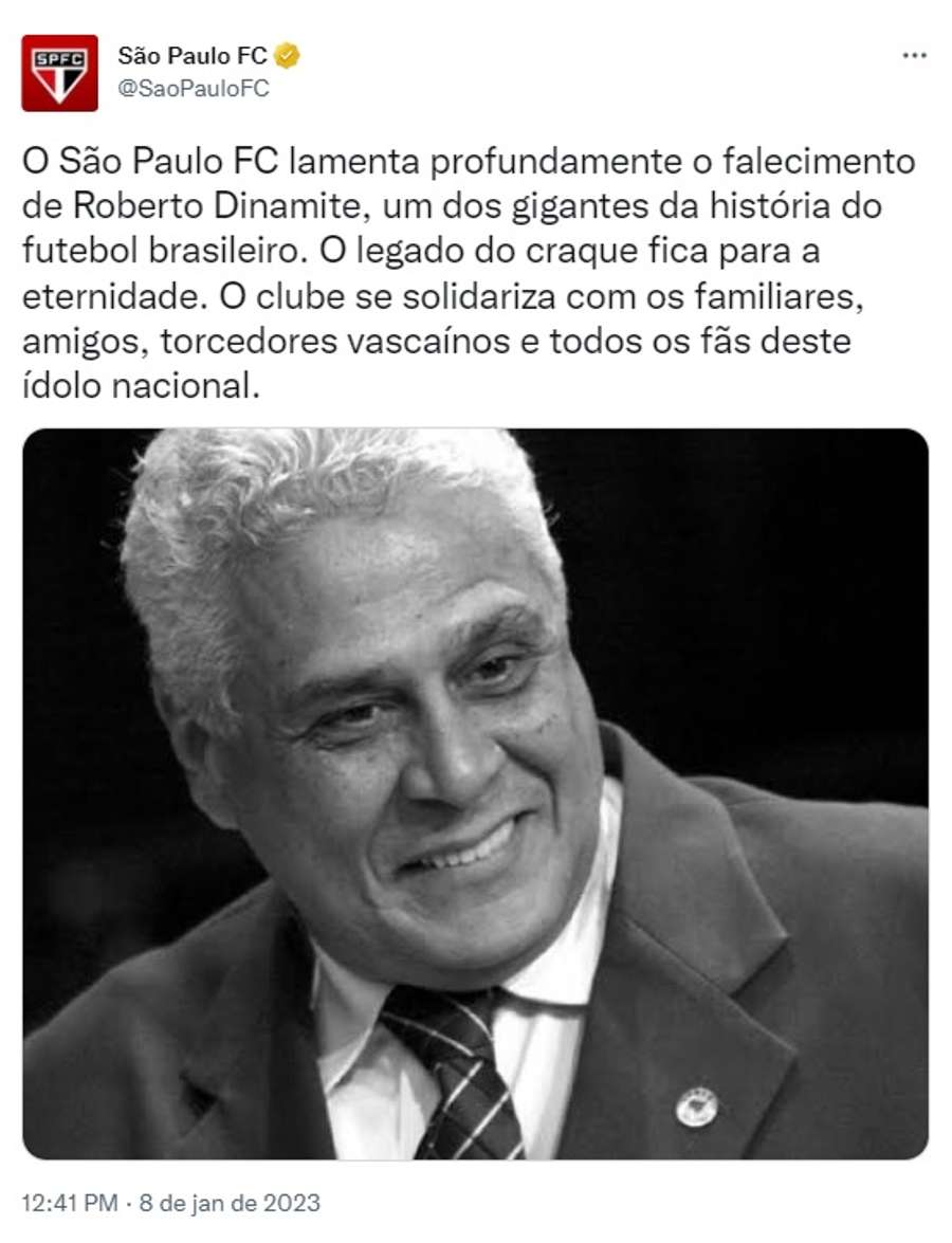 Post do São Paulo em homenagem a Roberto Dinamite