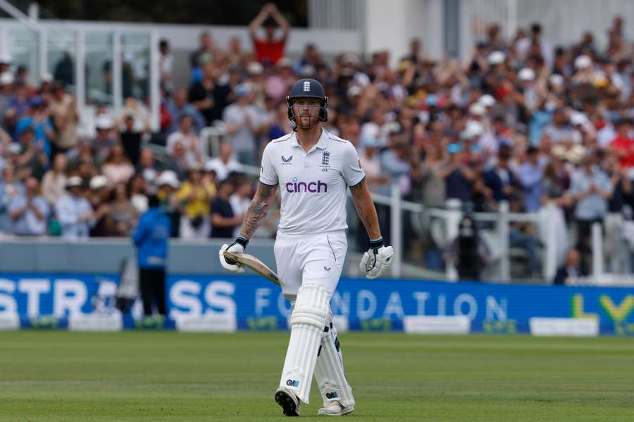 England's captain Ben Stokes reacts as he walks back to the pavilion after losing his wicket for 155 runs 