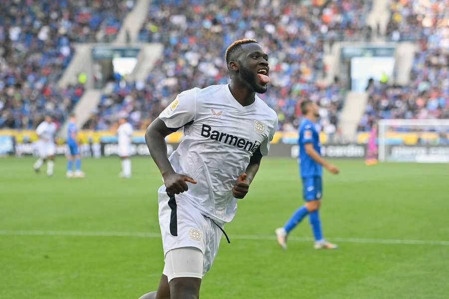 Boniface celebrating a goal for Leverkusen