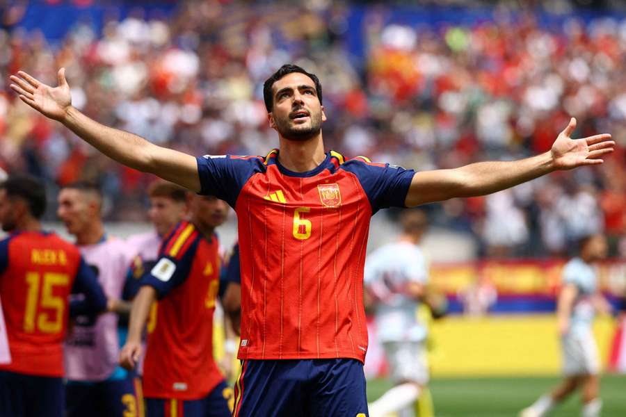 Mikel Merino celebrates after scoring Spain's winning goal