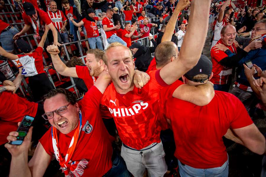 PSV fans celebrate taking over the league lead after Wednesday's win against Heracles Almelo