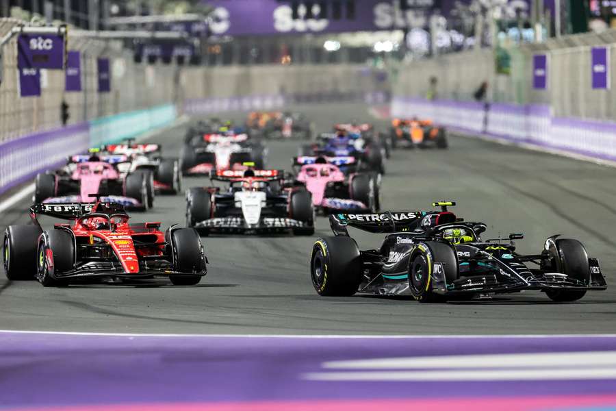 Mercedes' British driver Lewis Hamilton (R) competes during the Saudi Arabian Grand Prix