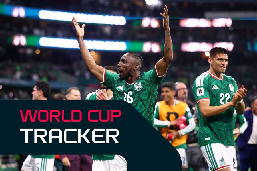 Julian Quinones and Guillermo Martinez celebrate after the match as Mexico qualify for the round of 16 stage of the World Cup. Julian Quinones and Guillermo Martinez celebrate after the match as Mexico qualify for the round of 16 stage of the World Cup.