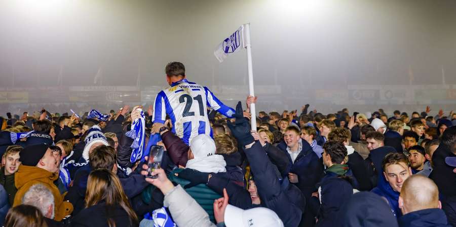 Quick Boys player Lukas Hamann celebrates the famous win over sc Heerenveen with the fans