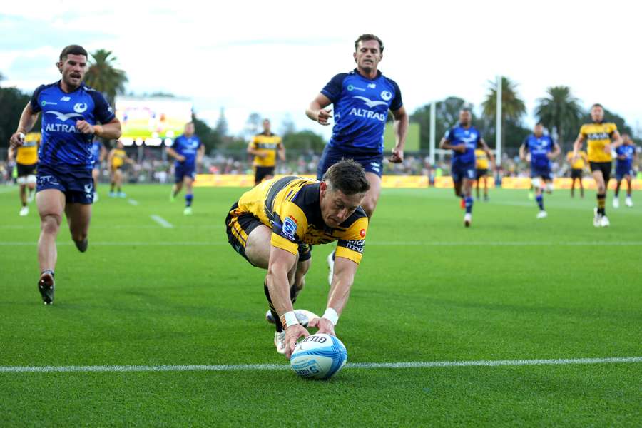 Cam Roigard attempts to score a try at McLean Park in Napier.
