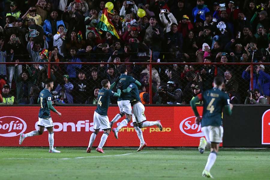 Bolivia celebrate the goal that saw them beat Brazil.