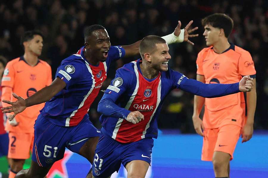 Paris Saint-Germain's Lucas Hernandez celebrates scoring their second goal against Barcelona Paris Saint-Germain's Lucas Hernandez celebrates scoring their second goal against Barcelona