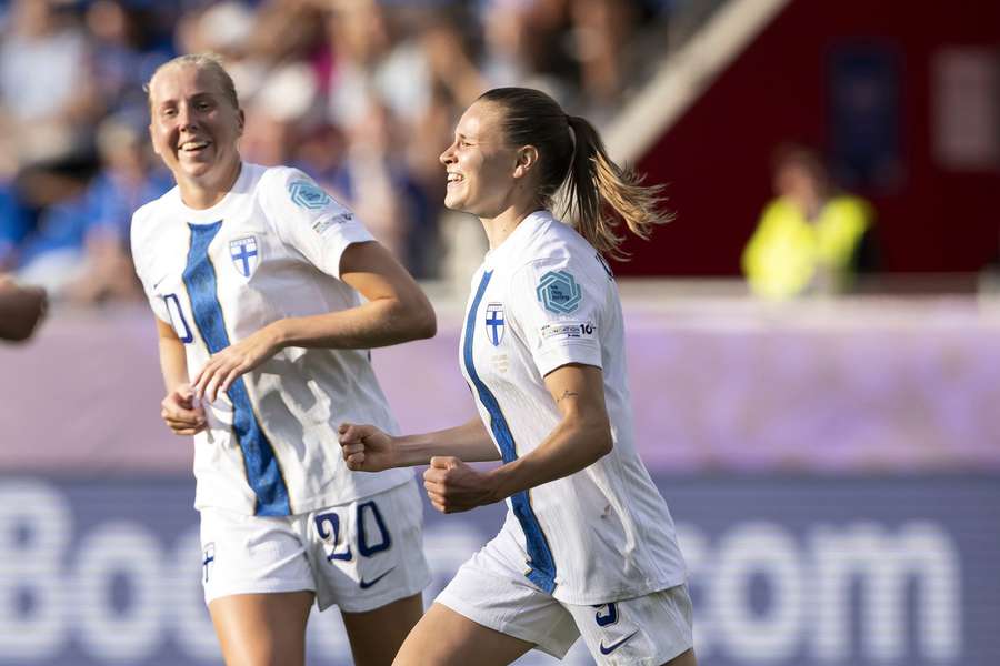 Katariina Kosola celebrates scoring the first goal of Women's Euro 2025