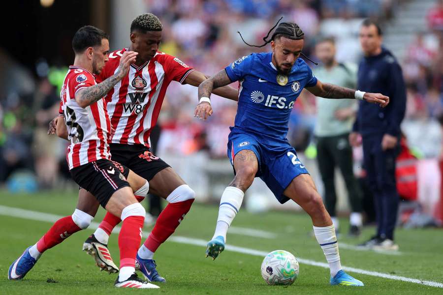 Malo Gusto contre Sunderland lors du dernier match de Premier League de la saison. Malo Gusto contre Sunderland lors du dernier match de Premier League de la saison.
