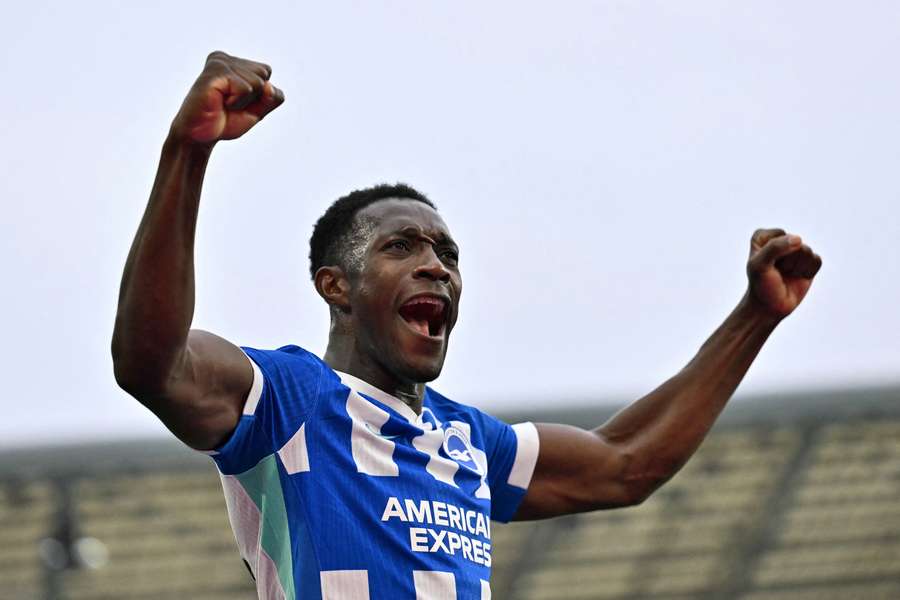Brighton's English striker #18 Danny Welbeck celebrates scoring against Newcastle