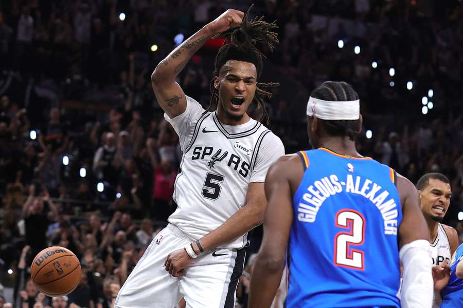 Spurs Stephon Castle reacts after a dunk during Game 4 against the Thunder Spurs Stephon Castle reacts after a dunk during Game 4 against the Thunder