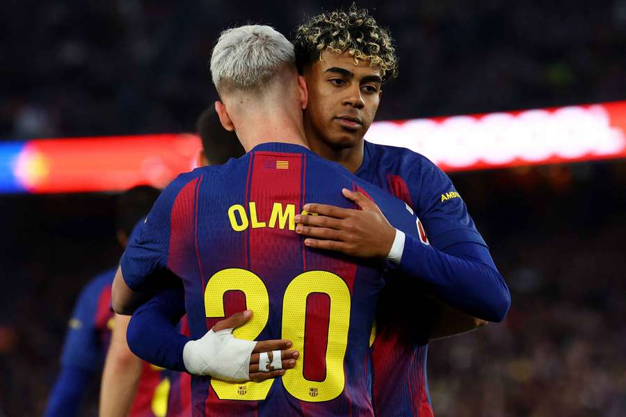Barcelona's Dani Olmo celebrates scoring a goal with Lamine Yamal Barcelona's Dani Olmo celebrates scoring a goal with Lamine Yamal