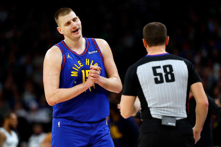 Nikola Jokic of the Denver Nuggets reacts in the first quarter against the Minnesota Timberwolves