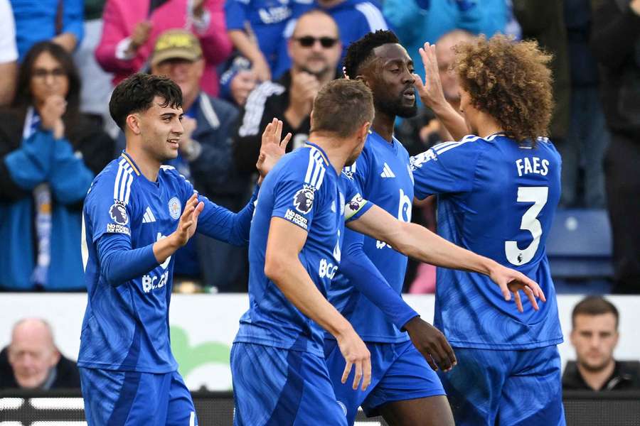 Facundo Buonanotte celebrates scoring Leicester's opening goal with teammates