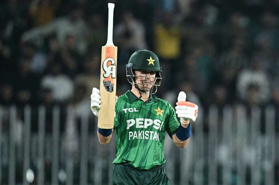 Pakistan's Maaz Sadaqat celebrates after scoring his half-century
