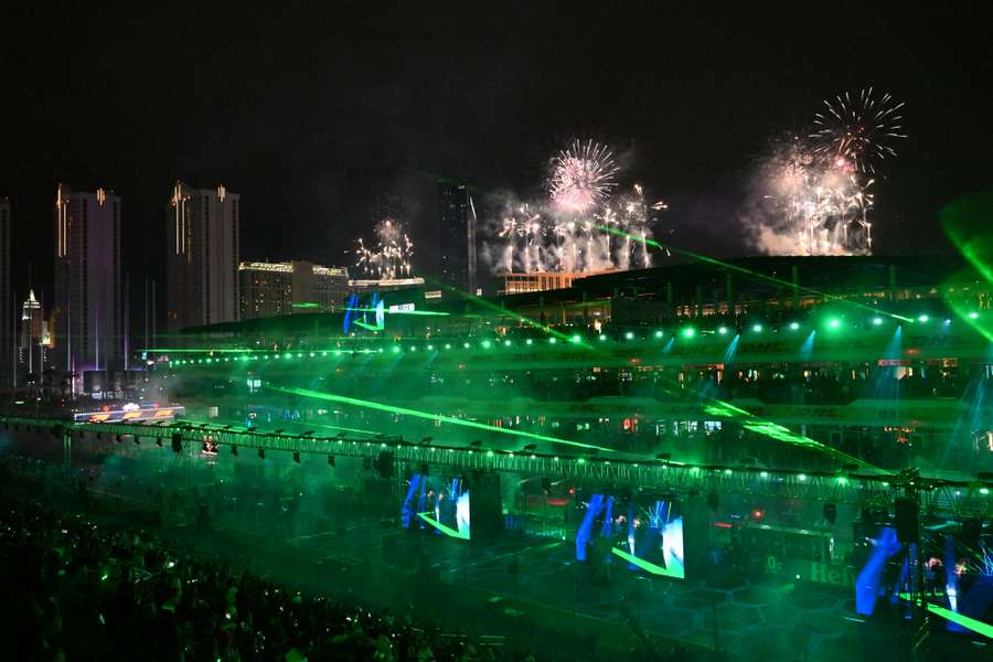 Fireworks are set off during the opening ceremony of the Las Vegas Grand Prix