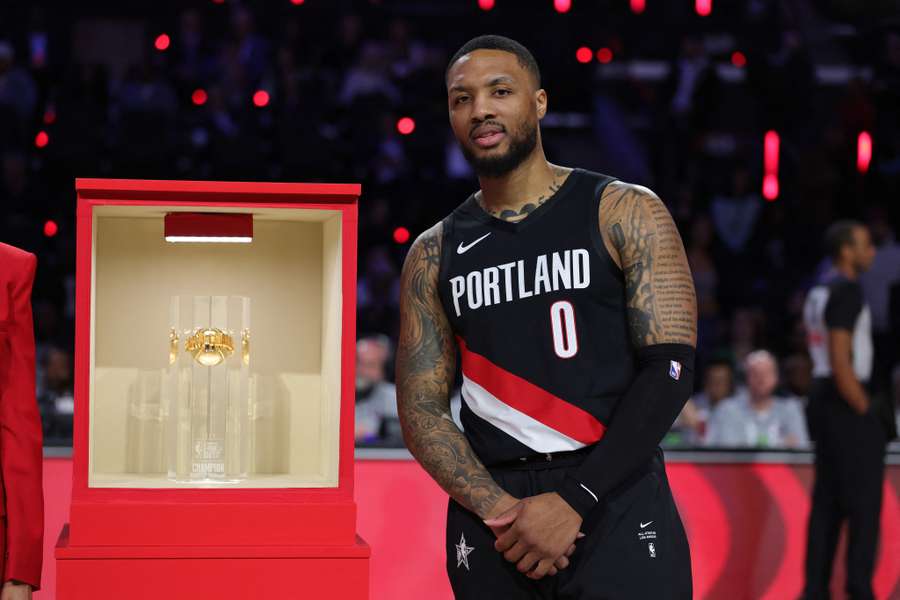 Damian Lillard poses after winning 2026 NBA Three-Point contest