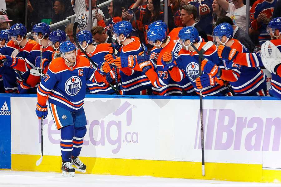 Edmonton Oilers forward Connor McDavid celebrates after scoring a goal during the second period against the Vegas Golden Knights 