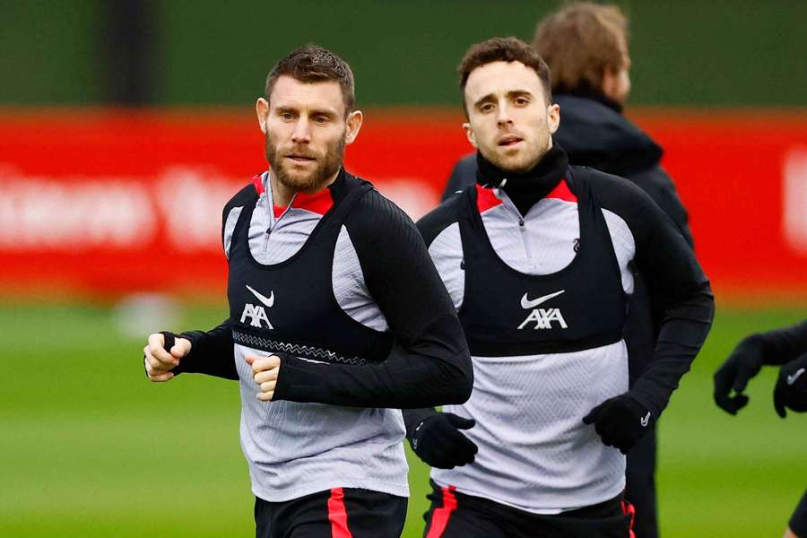 James Milner and Diogo Jota during training, whilst both Liverpool players