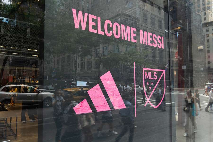 An Adidas billboard welcomes Inter Miami's Messi to MLS, in New York