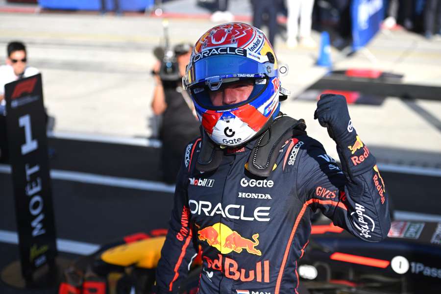 Max Verstappen reacts after clinching pole position at the Italian Grand Prix in Monza