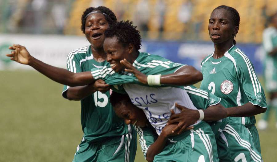 Nkwocha celebrates a goal against Banyana Nkwocha celebrates a goal against Banyana