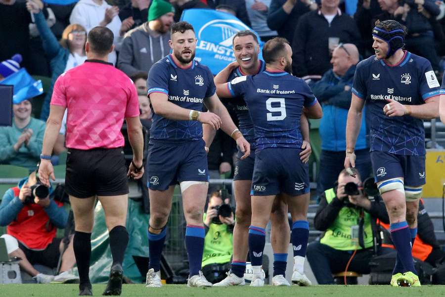 Leinster's players celebrate during last month's European Rugby Champions Cup quarter-final win over La Rochelle