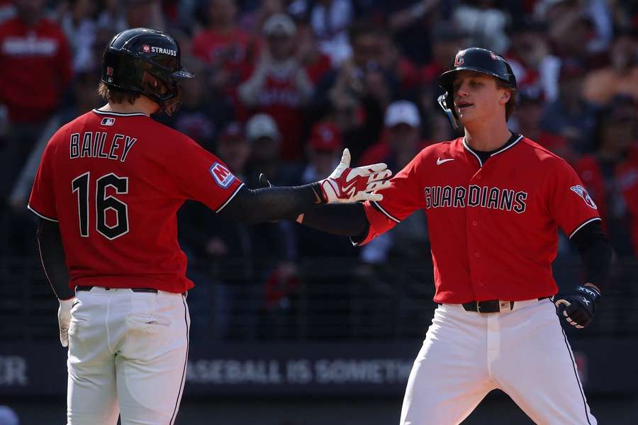 Patrick Bailey (left) celebrates after Petey Halpin (right) home run in Game 3 of ALCS Patrick Bailey (left) celebrates after Petey Halpin (right) home run in Game 3 of ALCS