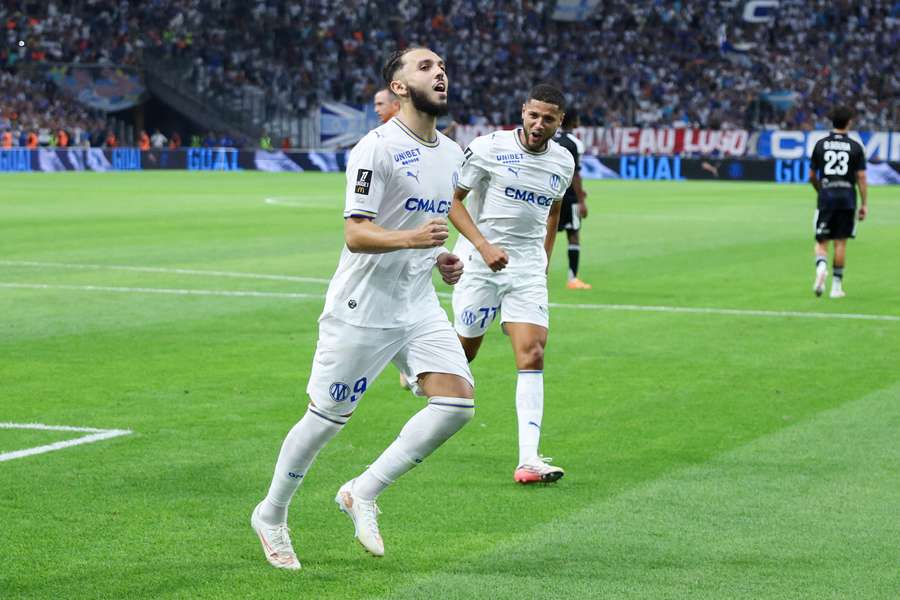 Marseille's Amine Gouiri celebrates after scoring against Strasbourg Marseille's Amine Gouiri celebrates after scoring against Strasbourg