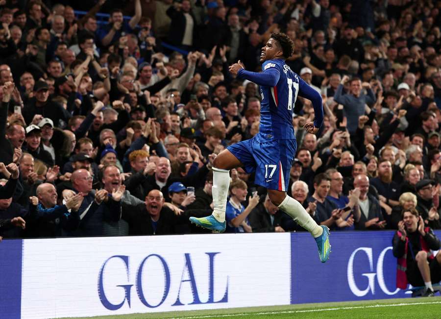 Chelsea's Andrey Santos celebrates scoring their second goal Chelsea's Andrey Santos celebrates scoring their second goal
