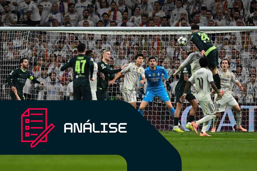 Josko Gvardiol, do Manchester City, cabeceia à baliza frente ao Real Madrid Josko Gvardiol, do Manchester City, cabeceia à baliza frente ao Real Madrid