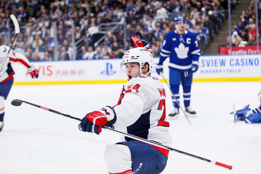 Washington Capitals centre Connor McMichael celebrates after his goal against the Toronto Maple Leafs