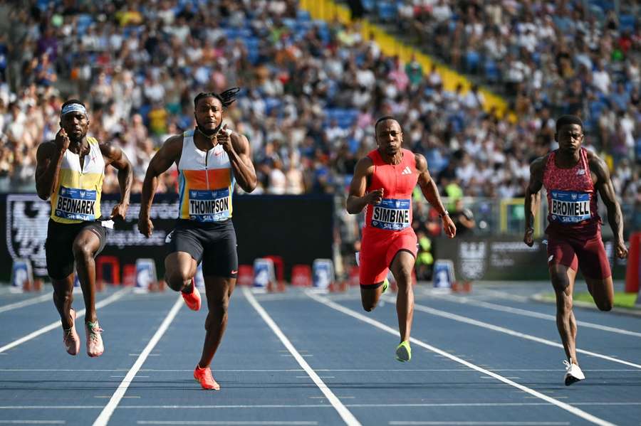 Thompson finished in 9.87 seconds