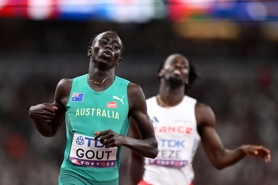 Gout Gout shows his disappointment after failing to qualify for the men's 200m final at the World Athletics Championships. 