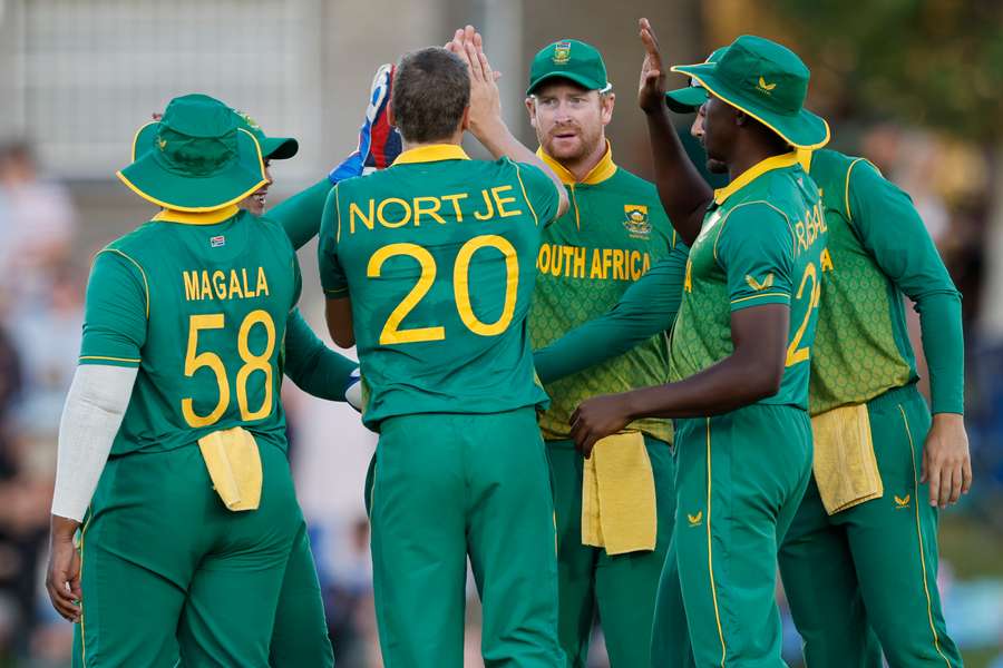 South Africa's Anrich Nortje celebrates with teammates after the dismissal of England's Ben Duckett