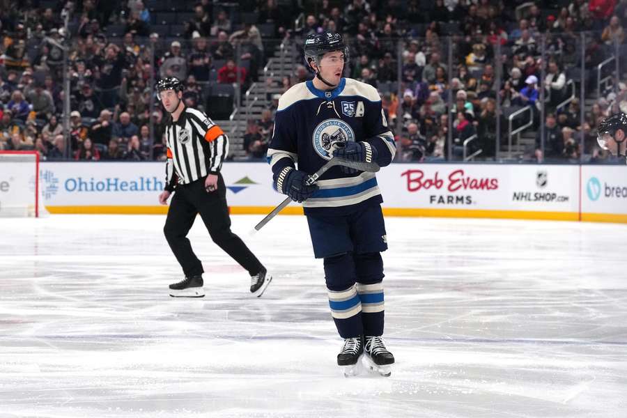 Zach Werenski reacts after a goal