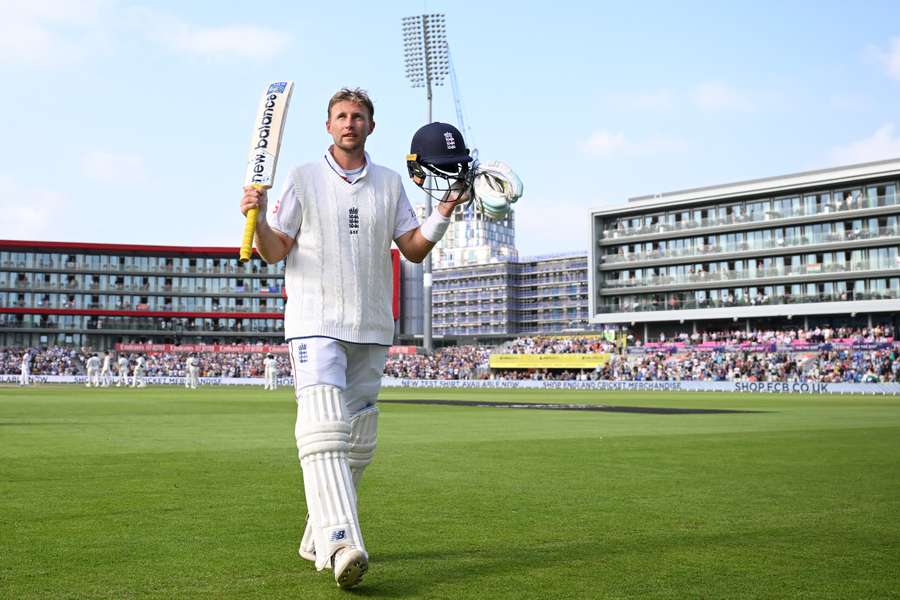 Joe Root of England acknowledges the crowd's applause after being dismissed for 150 on day three of the Test match between England and India
