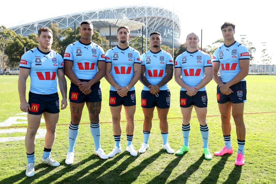 Zac Lomax (third from left) and Joseph Suaali'i (right) photographed together during their days in the NSW Origin squad. 